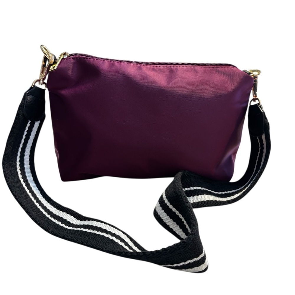 Nylon Crossbody Bag Purple Black White Striped Strap Gold-tone Hardware Zip Top